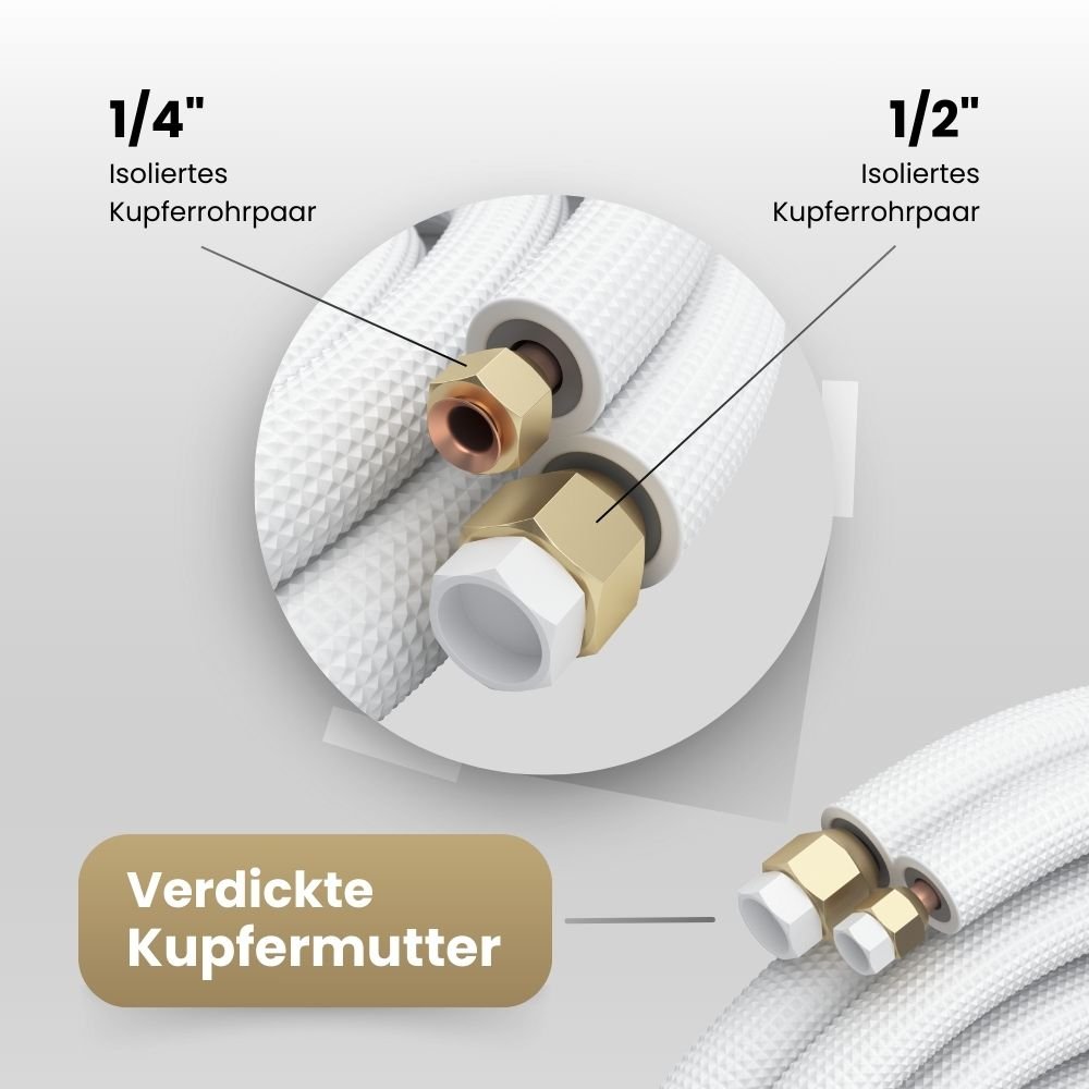 Kältebringer® 1-15m Kältemittelleitung 1/4“ + 1/2" Montage-Set für Split-Klimaanlage (5-adrig)